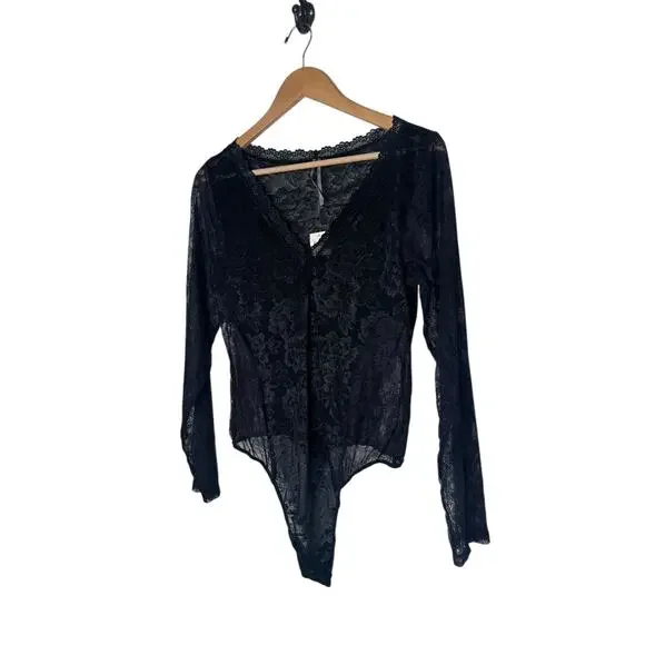Anthropologie Long-Sleeve Sheer Lace Bodysuit Black Size XL NEW - Picture 3 of 9